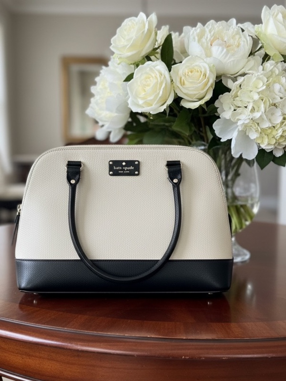 kate spade Cream and Black Dome Satchel with Top Handles